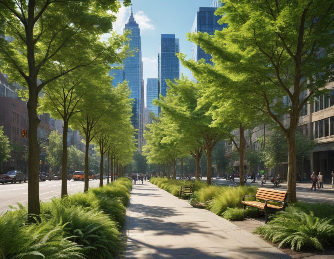 A serene transition from a lush woodland scene, showcasing vibrant green trees and wildlife, to a bustling urban landscape with skyscrapers and carefully preserved trees lining the streets. Include elements like a park bench and a person planting a tree, symbolizing care and preservation in both settings. The sky should be bright with sunlight filtering through the leaves, creating a harmonious blend of nature and urban life. super-realistic. vibrant colors. 3D.