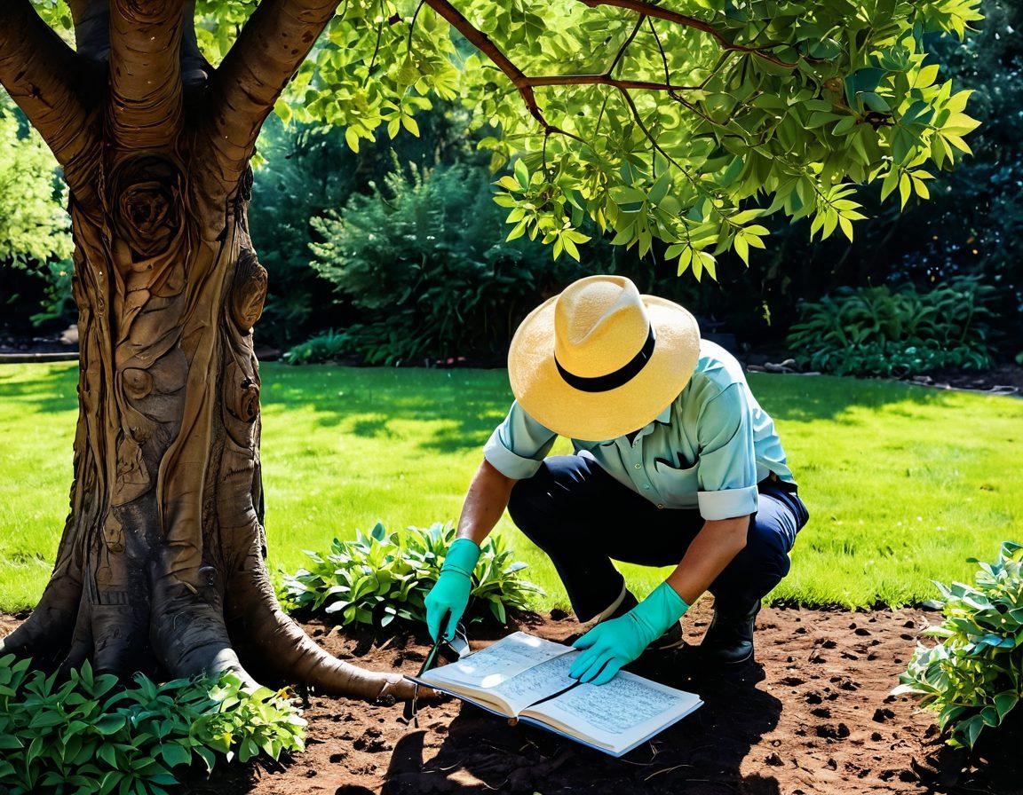 A serene garden scene filled with diverse, healthy trees showcasing vibrant green leaves. An arboreal expert, wearing gardening gloves and a sun hat, inspects a tree using a magnifying glass, while a variety of gardening tools and a notebook with notes on tree health lay nearby. Sunlight filters through the trees, casting playful shadows on the ground, creating an inviting, educational atmosphere. botanical illustration style. vibrant colors. soft focus.