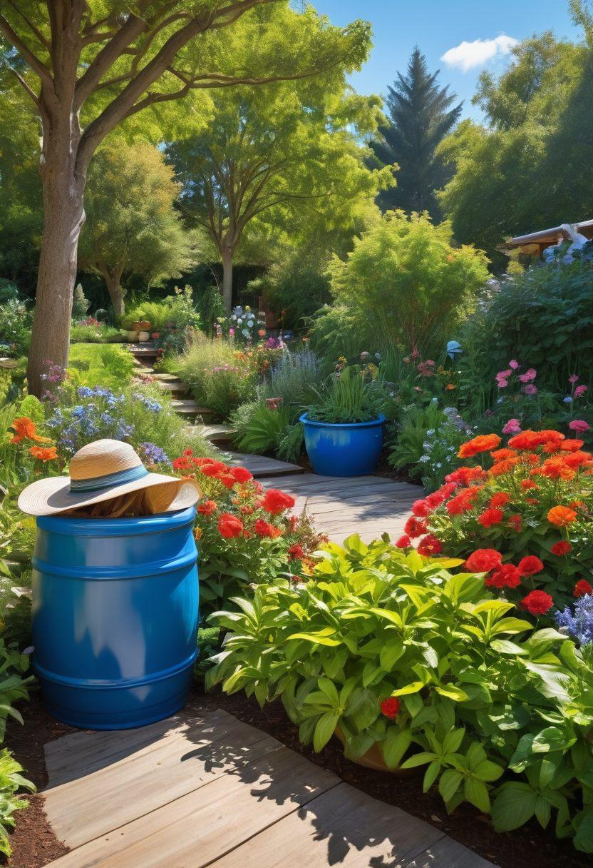 A vibrant, lush garden filled with diverse plants and trees, showcasing eco-friendly gardening techniques. Include a knowledgeable gardener in a sun hat, tending to colorful flowers, while butterflies and bees flutter around. Incorporate sustainable materials like wooden planters and rainwater barrels. The background features a bright blue sky and soft sunlight filtering through the leaves. super-realistic. vibrant colors. natural lighting.